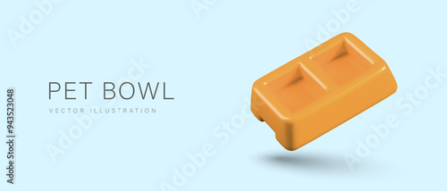 Color banner with double bowl for dogs, cats. Rectangular dishes for water and food