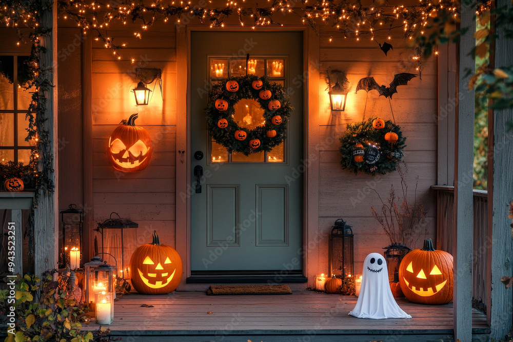 Obraz premium A charming Halloween porch decorated with smiling jack-o'-lanterns, cozy candle lanterns, friendly ghost figures, and a whimsical wreath on the door, all bathed in soft, warm lighting