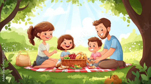 A family of four is sitting on a blanket in a park, enjoying a picnic