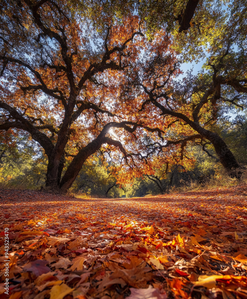 Autumn forest path, vivid orange, red, and yellow leaves, tall oak trees, fallen leaves covering the ground Autumn forest path, vivid orange, red, and yellow leaves, tall oak trees, fallen leaves covering the ground