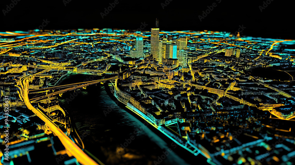Obraz premium Technical aerial visual, 3D LiDAR GIS aerial map satellite scan model isolated, showing Frankfurt, Germany. Elevation, topography, render