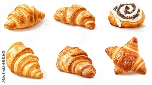 A variety of croissants and pastries, bakery collection, realistic style, golden and flaky, isolated on white background