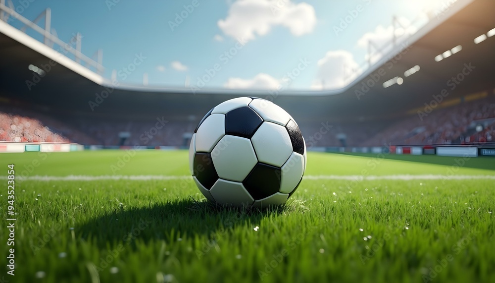 Naklejka premium Soccer ball on the green field in soccer stadium. ready for game in the midfield. 3D Illustration, football in ground, football background, game , football concept