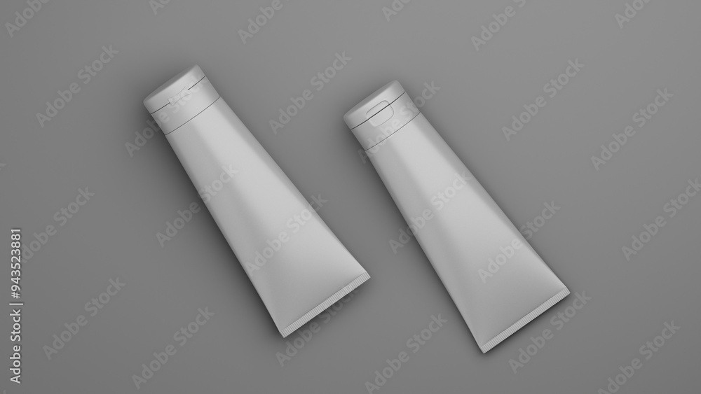 Blank white tube of toothpaste isolated on grey background. 3D rendering illustration Blank white tube of toothpaste isolated on grey background. 3D rendering illustration
