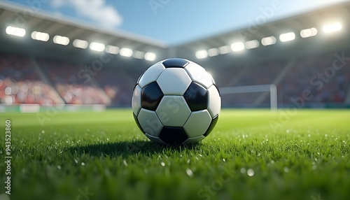 Soccer ball on the green field in soccer stadium. ready for game in the midfield. 3D Illustration, football in ground, football background, game , football concept