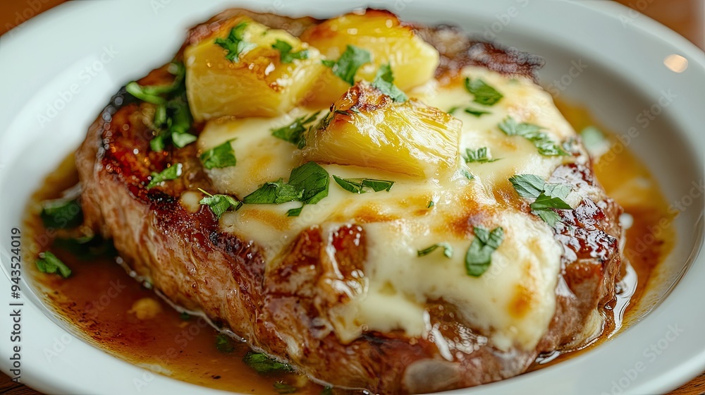 A white plate with a closeup of baked pork steak topped with sweet pineapple and melted cheese, showcasing the rich, savory layers of this dish, A white plate with a closeup of baked pork steak topped with sweet pineapple and melted cheese, showcasing the rich, savory layers of this dish,