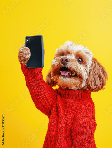 A cute dog in a red sweater is taking a selfie photo with a smartphone in hand against a solid yellow background. photo