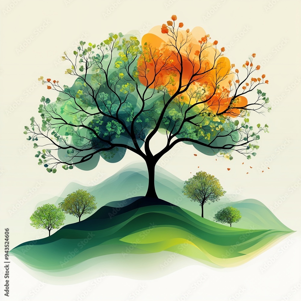 Four Seasons Tree: A whimsical, watercolor-style illustration of a tree adorned with the colors of each season, standing amidst rolling hills and smaller trees, symbolizing the cyclical nature of time Four Seasons Tree: A whimsical, watercolor-style illustration of a tree adorned with the colors of each season, standing amidst rolling hills and smaller trees, symbolizing the cyclical nature of time