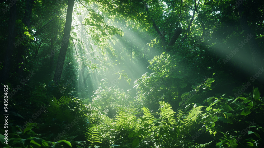 Fototapeta premium Lush green forest with sunlight filtering through the trees