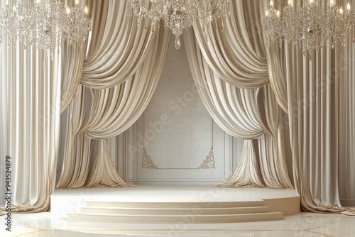 Ivory Podium with Velvet Drapes in Luxurious Ballroom, elegant ivory podium featuring flowing velvet drapes, surrounded by shimmering crystal chandeliers, ample space for text at the top