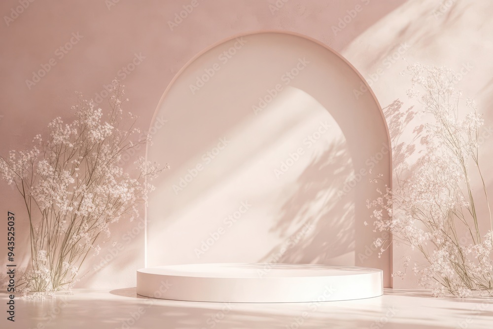 Minimalist blush pink podium, softly lit with gentle shadows, perfect for presentations or displays, featuring ample space for text at the top, elegant and understated design. Minimalist blush pink podium, softly lit with gentle shadows, perfect for presentations or displays, featuring ample space for text at the top, elegant and understated design.