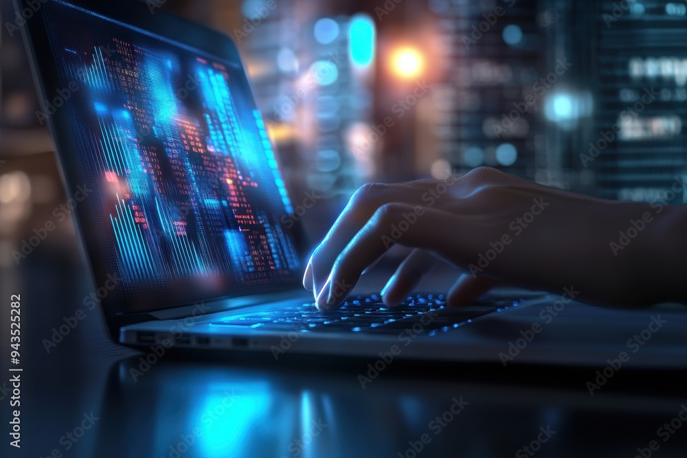 Businessman typing on laptop with hologram graphs in blue light, night office background Businessman typing on laptop with hologram graphs in blue light, night office background