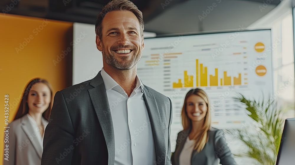 A confident businessman stands in front of a team, showcasing a positive work environment and collaborative spirit in the office. A confident businessman stands in front of a team, showcasing a positive work environment and collaborative spirit in the office.