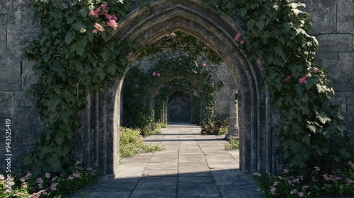 Enchanting Stone Archway with Blossoming Vines in Tranquil Garden