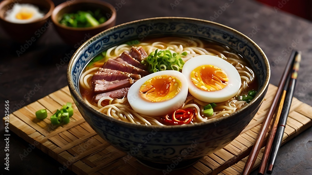 Delicious Japanese Ramen with chicken, Mushrooms, Eggs, noodles, meat in bowl Delicious Japanese Ramen with chicken, Mushrooms, Eggs, noodles, meat in bowl
