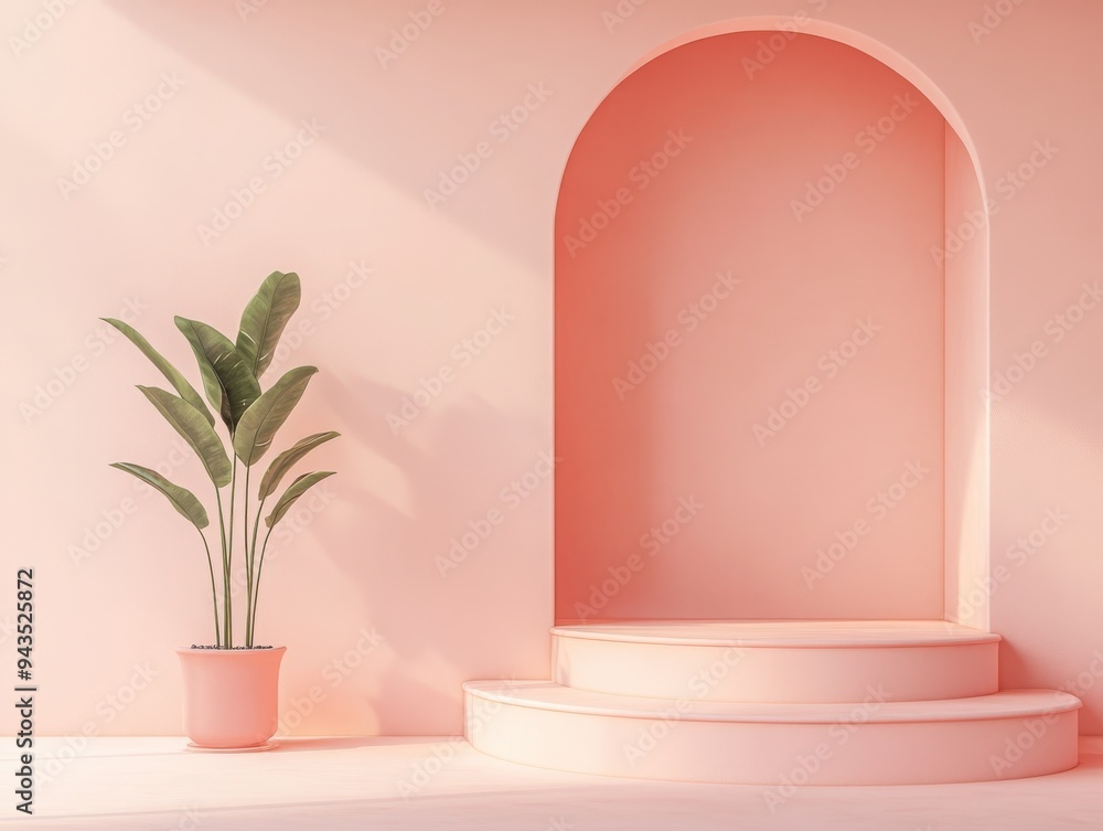 Pastel Peach Podium in Minimalist Room, a sleek peach podium against a soft peach backdrop, complemented by a small potted plant, ideal for showcasing text or products. Pastel Peach Podium in Minimalist Room, a sleek peach podium against a soft peach backdrop, complemented by a small potted plant, ideal for showcasing text or products.