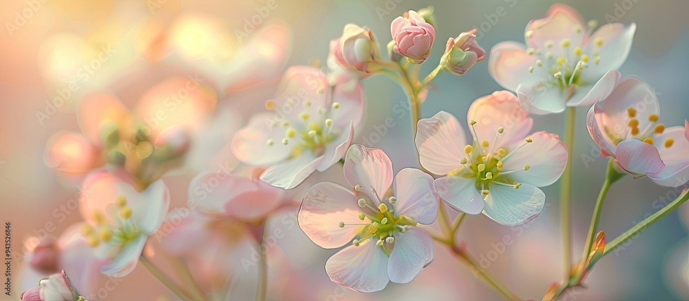 Front view of blooming small pinkish white flowers with yellow stamens in macro shot against a blurred background ideal for copy space image Front view of blooming small pinkish white flowers with yellow stamens in macro shot against a blurred background ideal for copy space image