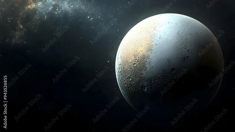 A close-up of a rocky planet with craters in space. A close-up of a rocky planet with craters in space.
