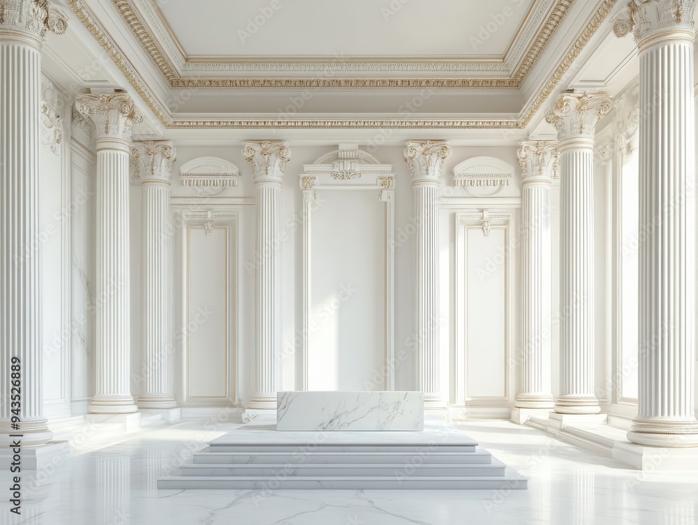 Obraz premium Marble Podium in Neoclassical Palace, elegant white marble podium set within a grand neoclassical palace featuring towering columns and intricate detailing, ample space for text on the left