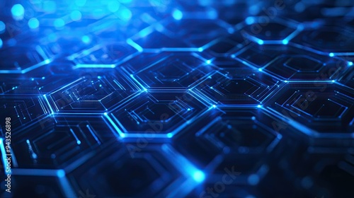 Abstract technology background featuring a complex network of hexagons and digital lines, with a vibrant blue color scheme