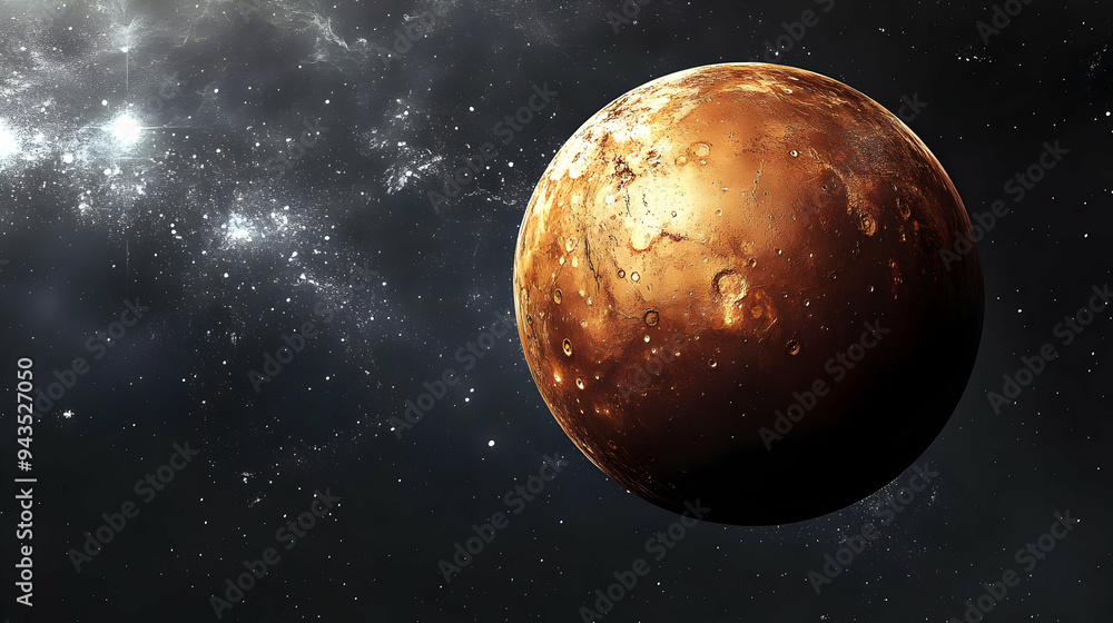 Obraz premium A close-up of a rusty, cratered planet in space, illuminated by distant stars.