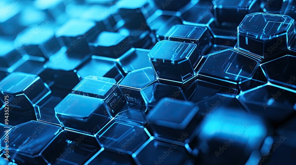 Obraz premium Abstract technology design featuring layered hexagonal shapes, vibrant blue tones, and futuristic digital lines, perfect for a high-tech theme