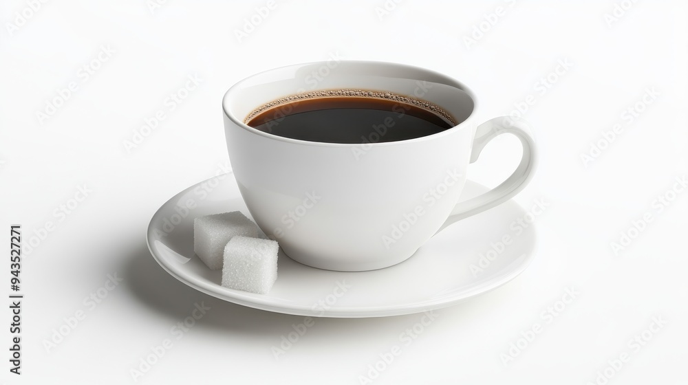 A coffee cup with a saucer and sugar cubes, coffee element, 3D illustration, classic and elegant, isolated on white background A coffee cup with a saucer and sugar cubes, coffee element, 3D illustration, classic and elegant, isolated on white background