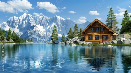 a cabin on the lake in the mountains. The water is clear and calm