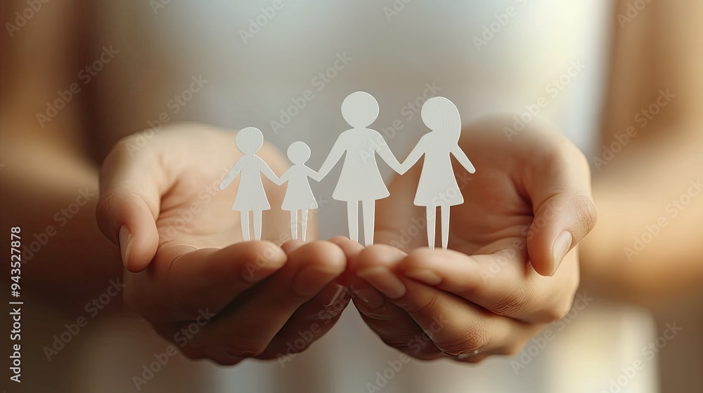 A pair of hands holding paper cutouts of women and girl figures, symbolizing family unity and support. Perfect for family themes. A pair of hands holding paper cutouts of women and girl figures, symbolizing family unity and support. Perfect for family themes.