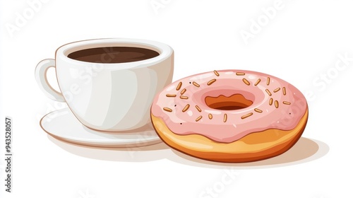 A doughnut with a coffee cup, breakfast element, flat design, cozy and warm, isolated on white background