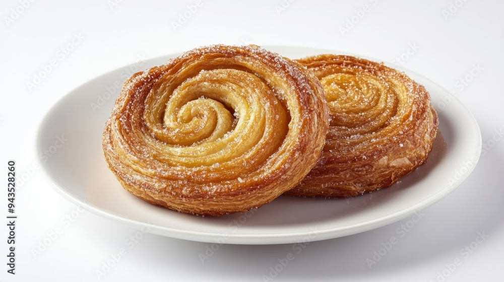 An isolated image of a golden-brown palmier on a white plate, with a seamless white background that accentuates the pastryaes crisp edges and sugar crystals An isolated image of a golden-brown palmier on a white plate, with a seamless white background that accentuates the pastryaes crisp edges and sugar crystals