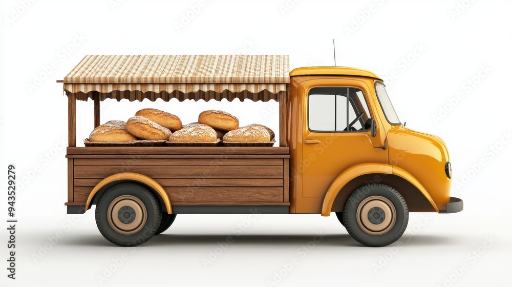 Fototapeta premium A bakery truck with fresh bread delivery, vehicle element, 3D rendering, classic design, isolated on white background