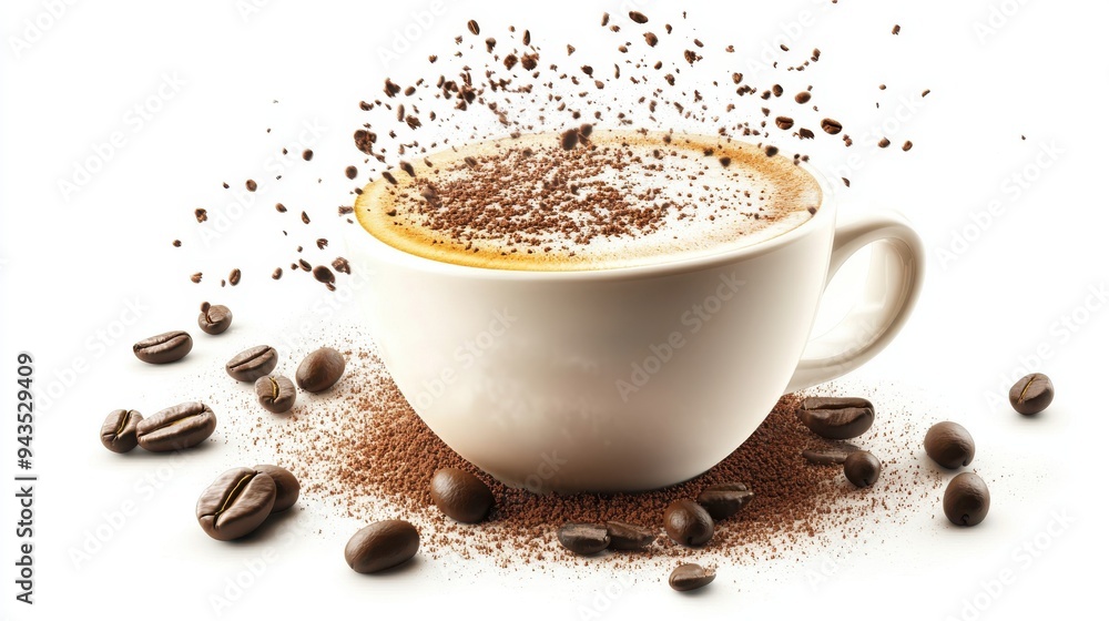 A cappuccino with cocoa powder sprinkle, coffee element, 3D illustration, rich and aromatic, isolated on white background A cappuccino with cocoa powder sprinkle, coffee element, 3D illustration, rich and aromatic, isolated on white background