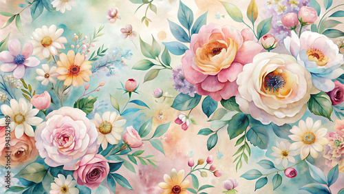 Watercolor Background with Soft Flowers in Pastel Tones