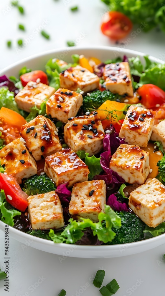 Tofu salad with balsamic dressing, vibrant vegetables, and fresh greens Tofu salad with balsamic dressing, vibrant vegetables, and fresh greens