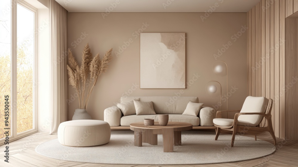 Modern living room with beige decor, wooden furniture, and panoramic morning view Modern living room with beige decor, wooden furniture, and panoramic morning view