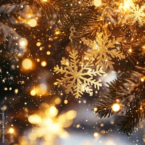 Merry Christmas shining celeration with motion light and gold snowflakes.generative ai photo