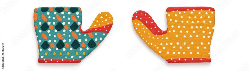 A pair of baking mitts, kitchen element, flat design, colorful and patterned, isolated on white background A pair of baking mitts, kitchen element, flat design, colorful and patterned, isolated on white background