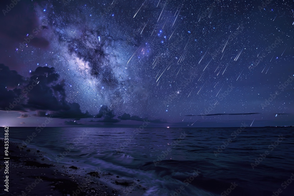 Shooting stars in astrophotography, capturing meteors streaking across a starry night sky. Shooting stars in astrophotography, capturing meteors streaking across a starry night sky.