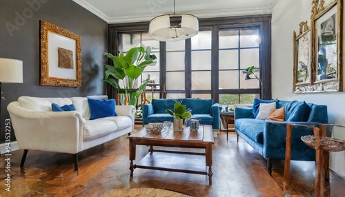 Wallpaper Mural Mid-century style home interior design of modern living room. White sofa and blue leather chairs near wooden coffee living room with a large window and a small garden and see sky and trees  Torontodigital.ca