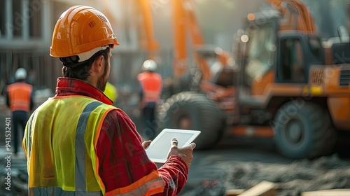 Construction worker with tablet oversees project operations at a busy construction site during daytime. photo