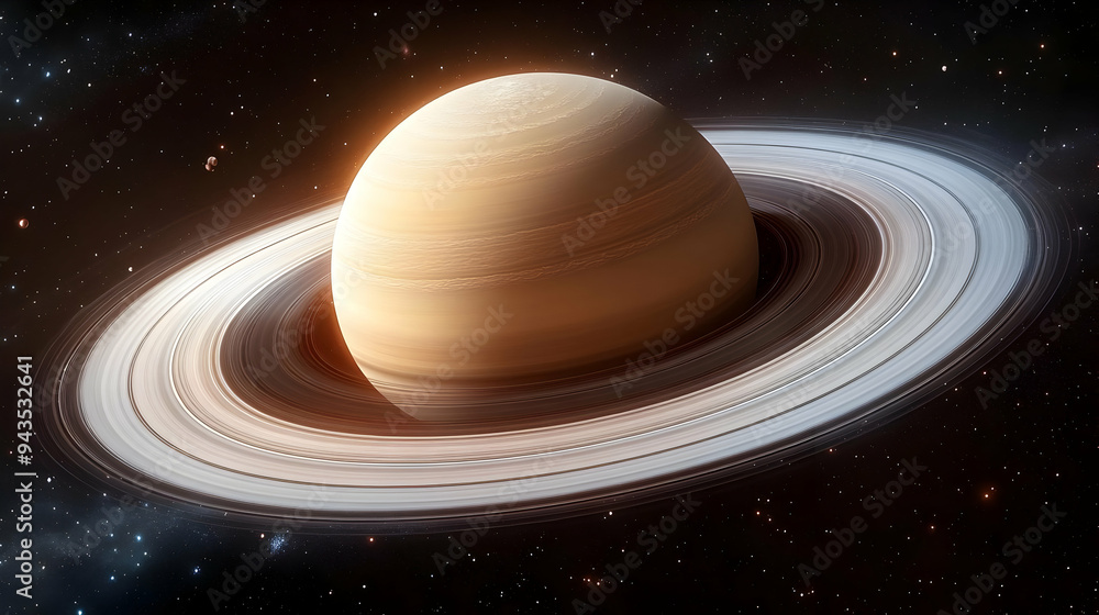 Fototapeta premium A close-up view of a gas giant with prominent rings against a starry backdrop.