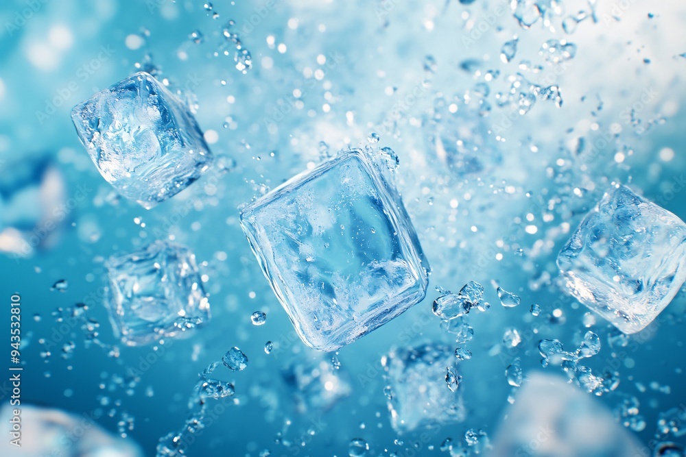 Crystal Clear Ice Cubes Floating in Sparkling Blue Water Crystal Clear Ice Cubes Floating in Sparkling Blue Water