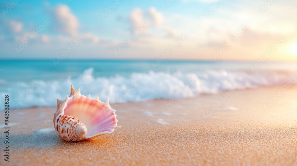 A beautiful seashell with intricate patterns and colors, resting on a sandy beach with waves gently lapping at the shore. A beautiful seashell with intricate patterns and colors, resting on a sandy beach with waves gently lapping at the shore.