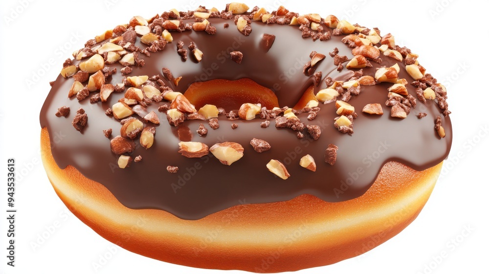 A doughnut with chocolate glaze and nuts, dessert element, realistic style, rich and crunchy, isolated on white background A doughnut with chocolate glaze and nuts, dessert element, realistic style, rich and crunchy, isolated on white background