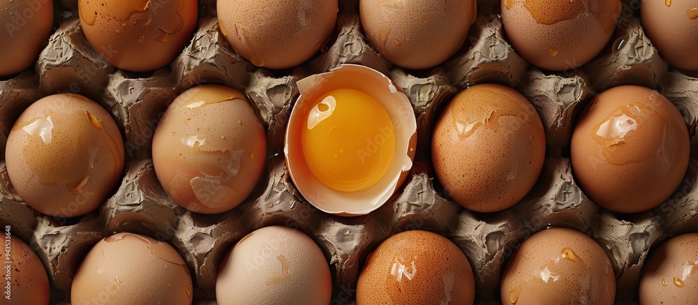 Top view of a cracked egg with yolk on fresh brown eggs in a carton creating a raw organic food background for a copy space image Top view of a cracked egg with yolk on fresh brown eggs in a carton creating a raw organic food background for a copy space image