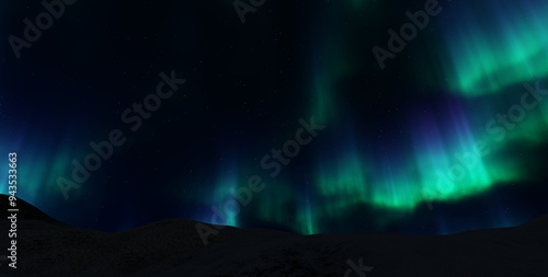 A beautiful green and red aurora dancing over the hills. 3d render