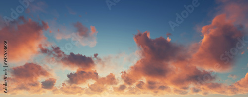 Clouds and orange sky,Real majestic sunrise sunset sky background with gentle colorful clouds without birds.Panorama, large