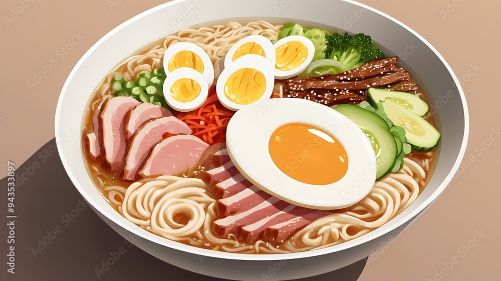 Delicious Japanese Ramen with chicken, Mushrooms, Eggs, noodles, meat in bowl Delicious Japanese Ramen with chicken, Mushrooms, Eggs, noodles, meat in bowl