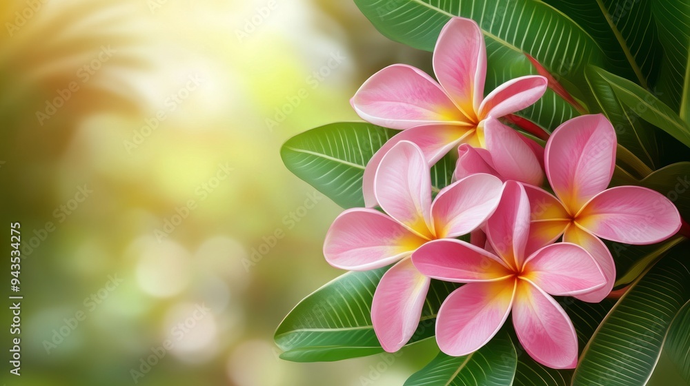 Pink Plumeria Flowers with Green Leaves in a Tropical Setting Pink Plumeria Flowers with Green Leaves in a Tropical Setting